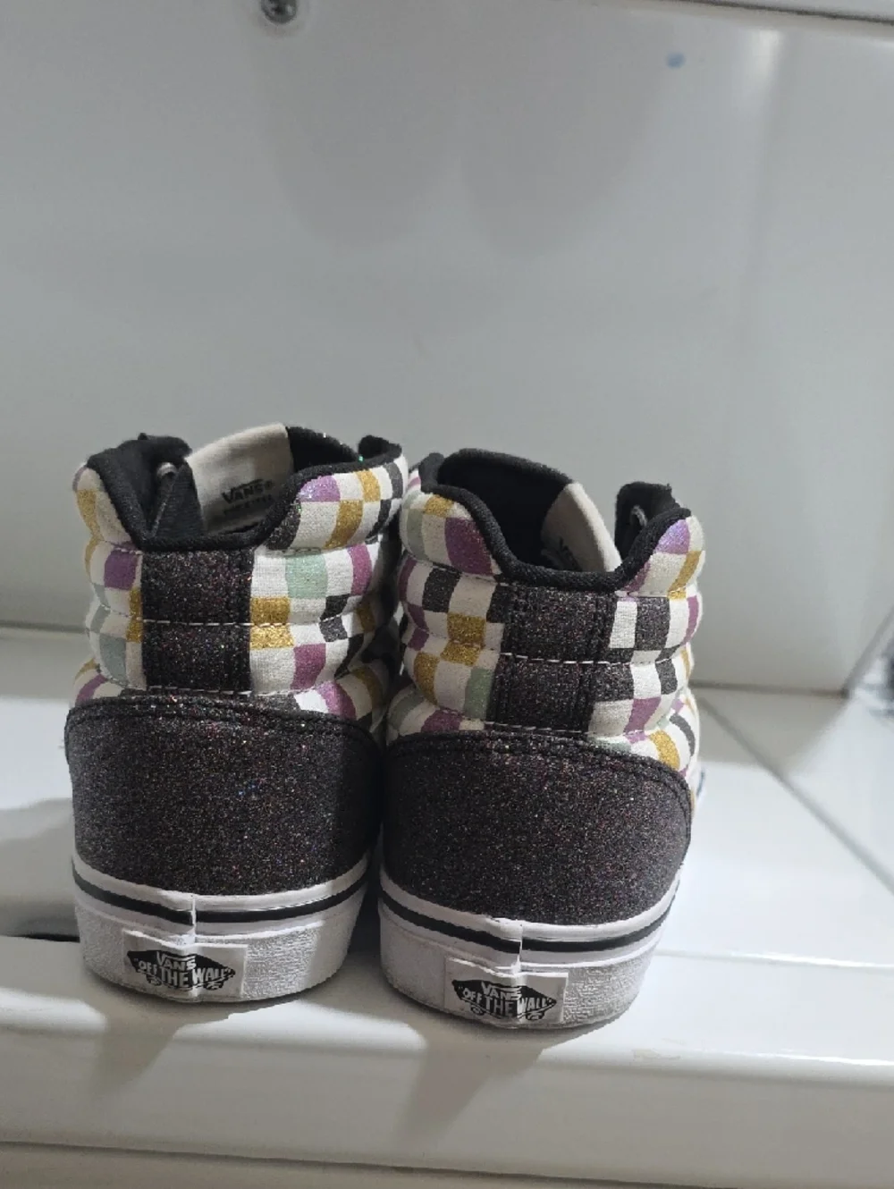 Vans Kids Glitter High-Top Sneakers - Black with Multicolor Checks - Picture 3 of 5